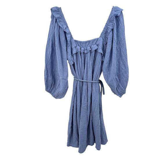Apiece‎ Apart Bene Dress Blue Cotton Crepe Muslin Ruffle Balloon Sleeves Size 10 - Picture 3 of 9
